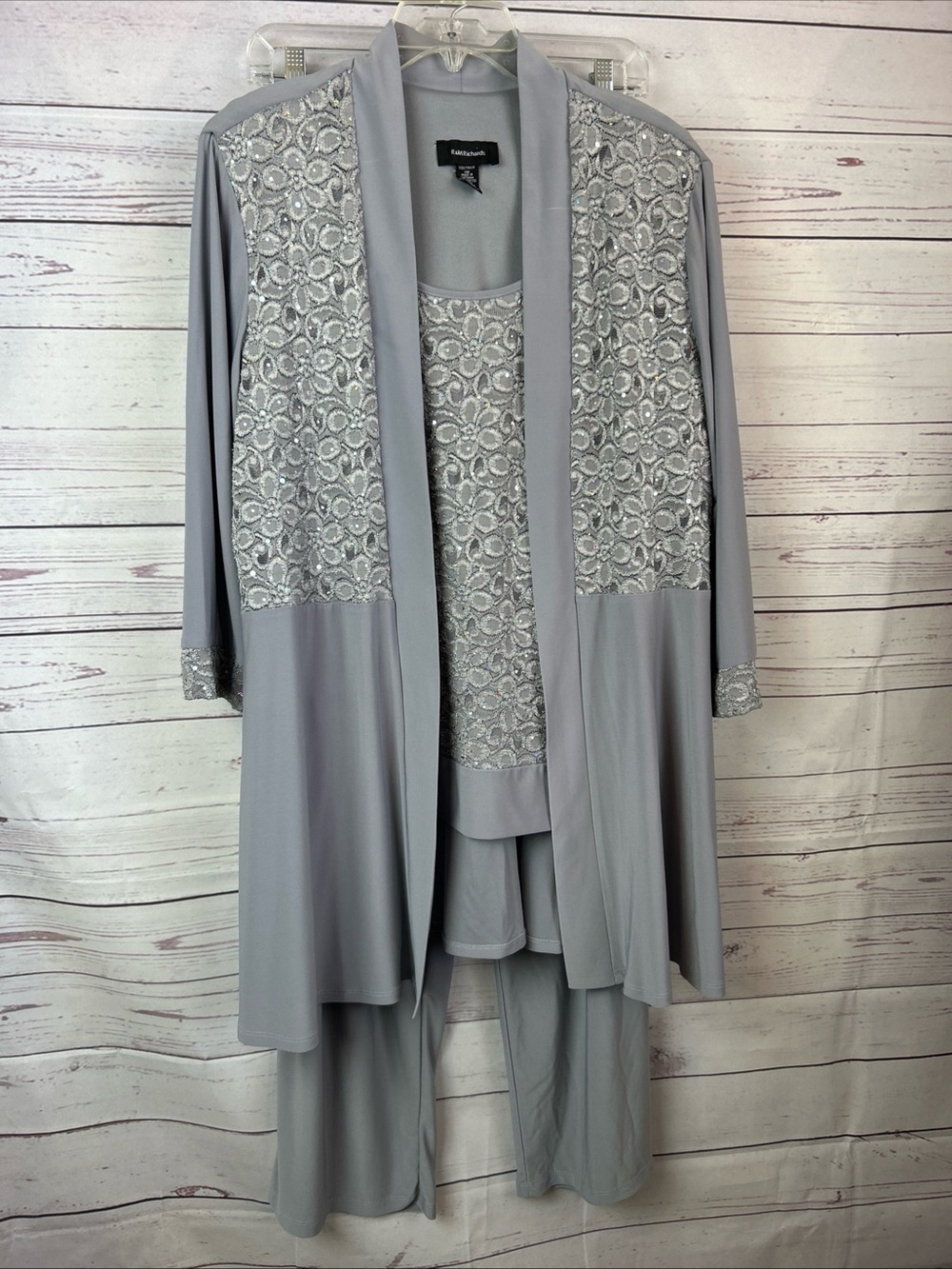 R&M RICHARDS Sequined 3pc Pant Suit Sequins Silver Gray Mother Of Bride Sz 18